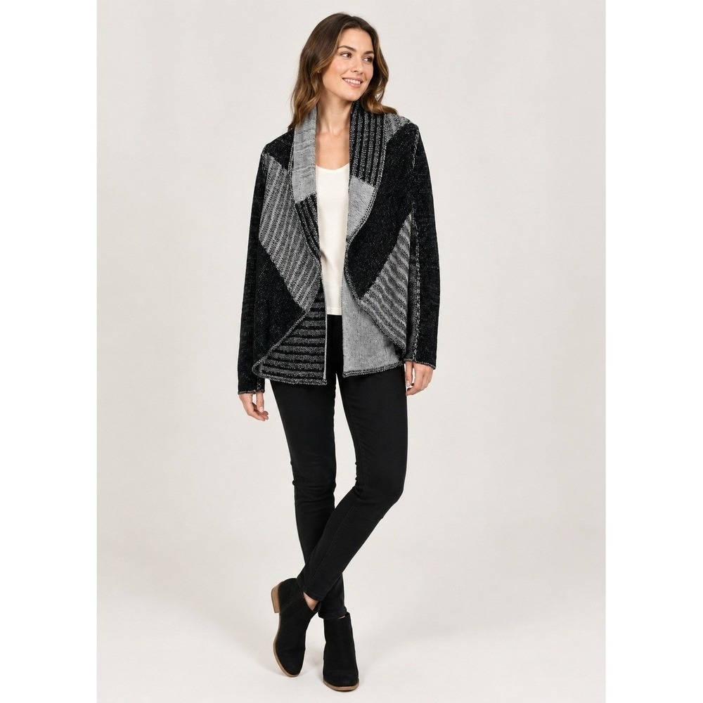 cAbi Cardigan Sweater Womens Medium Black Gray Patchwork Wool Acrylic Blend